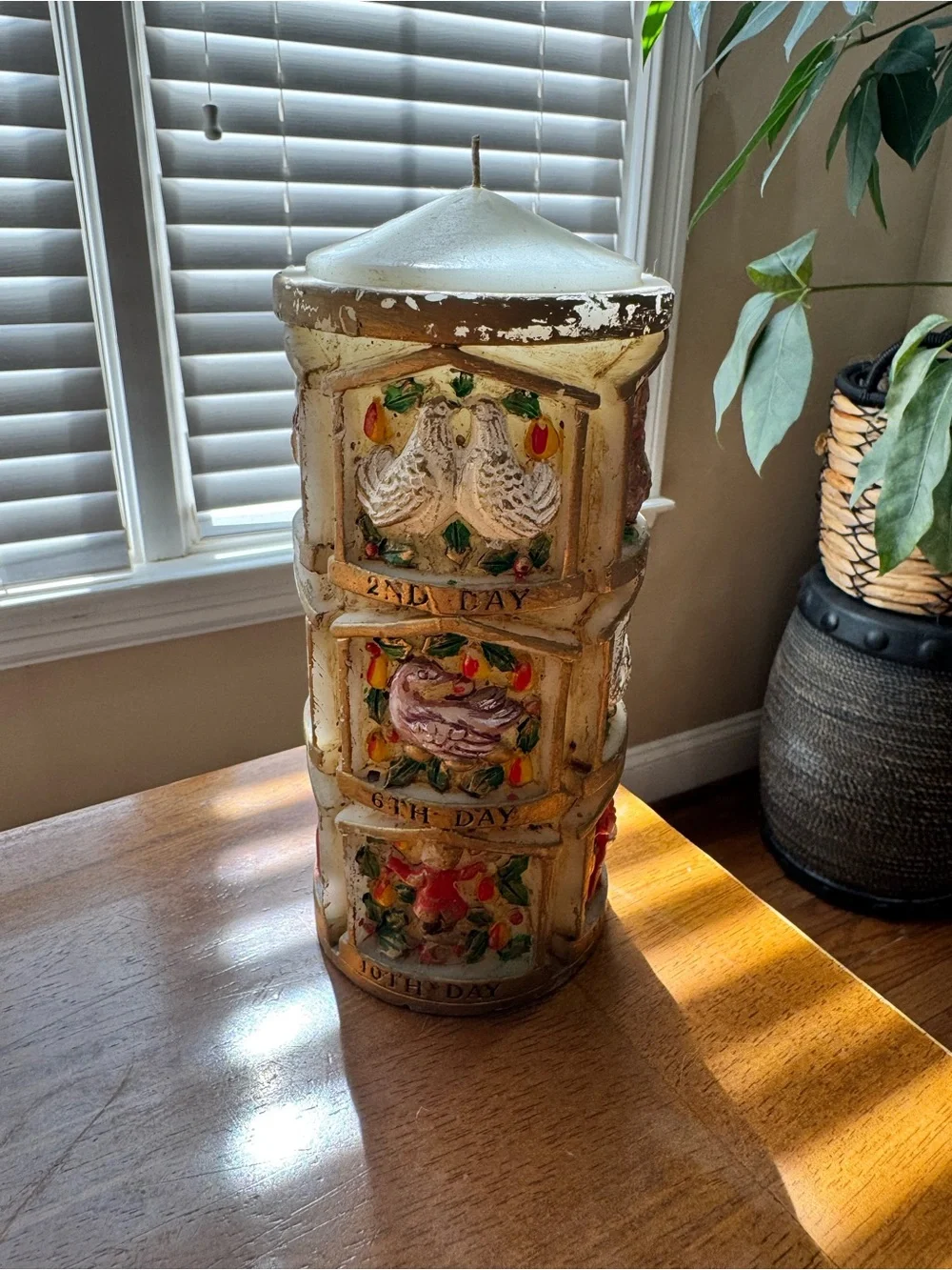 Vintage Pillar Candle 12 Days of Christmas 9”